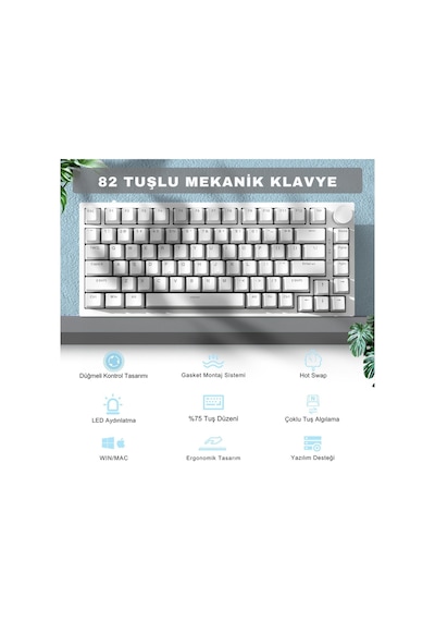 Ak820 Kablolu Mekanik Oyun Klavyesi , Mavi Işıklı, Beyaz, 82 Tuş, Hot Swap, Anti Ghosting