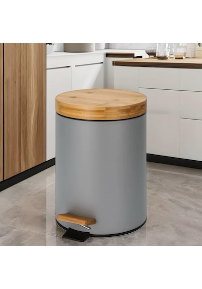 Bambu Kapaklı Metal Çöp Kovası Hidrolik Sistemli Yavaş Kapanma Özellikli, Pedallı, Banyo Ve M Gri