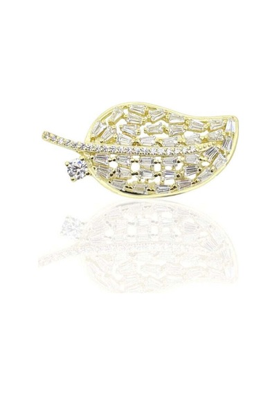 Oya Silver Zirkon Baget Taşlı Yaprak 24k Altın Kaplama Gümüş Broş 2.9x1.4cm Oysyb004