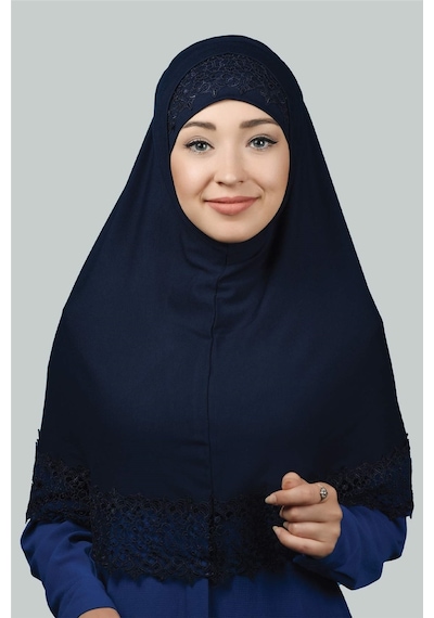 Altobeh İkili Set Dantelli Pratik Eşarp Hazır Hijab Ve Tesettür Bonesi Xl Lacivert