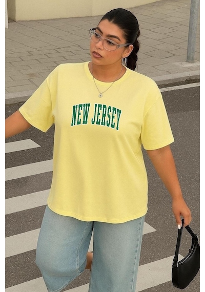 Büyük Beden New Jersey Baskılı Unisex Tişört Sarı