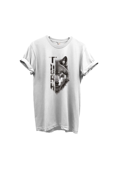 Yarı Kurt Yarısı Türk Yazı Tasarım Baskılı %100 Pamuk T-shirt Beyaz