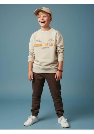 Zekids Erkek Çocuk Yumuşak Dokulu Enjoy The Life Yazılı Eşofman Takım-16615 Bej