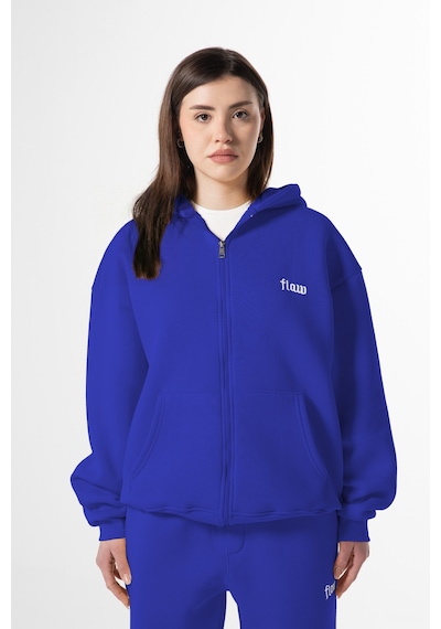 Flaw Nakışlı Zip Hoodie-28830 Saks Mavi