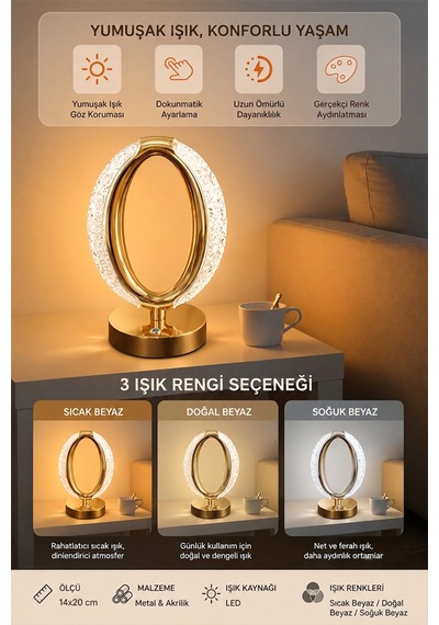 Halka Kristal Led Masa Lambası 3 Renk Işıklı Dekoratif Aydınlatma 8381888