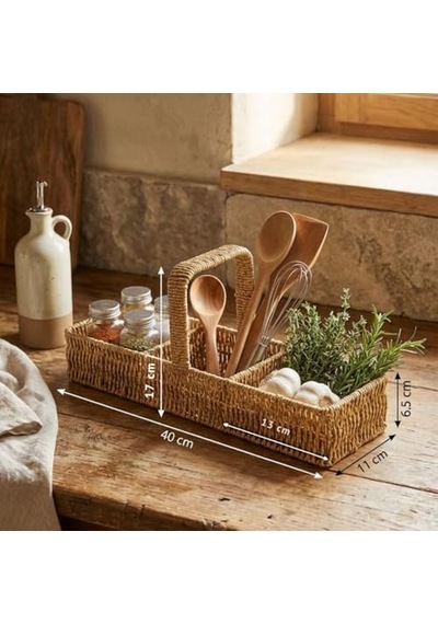 Buffer 3 Bölmeli Hasır Sepet Organizer Saplı, Mutfak Banyo Ofis Çok Amaçlı Düzenleyici, Plastik Rattan Kaşıklık Sepeti, 40x13x17 Cm Aahşap