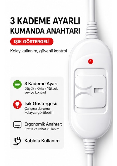 Elektrikli Battaniye Çift Kişilik 120x160 Cm Keçe Yüzey, Isı Ayarlı, Fermuarlı 2 Yıl Garantili Mavi