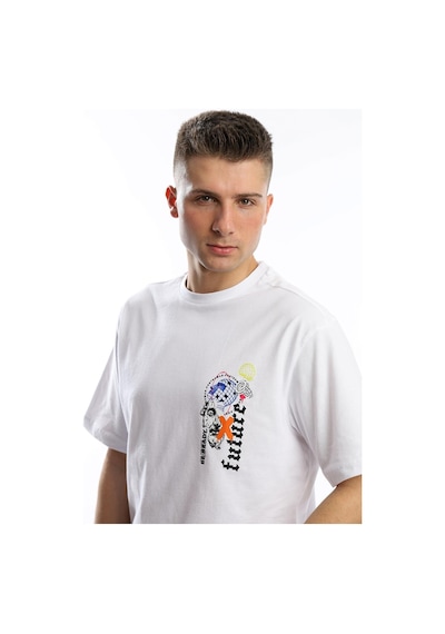 Erkek Oversize Fit Future Baskılı Basic Tişört Beyaz