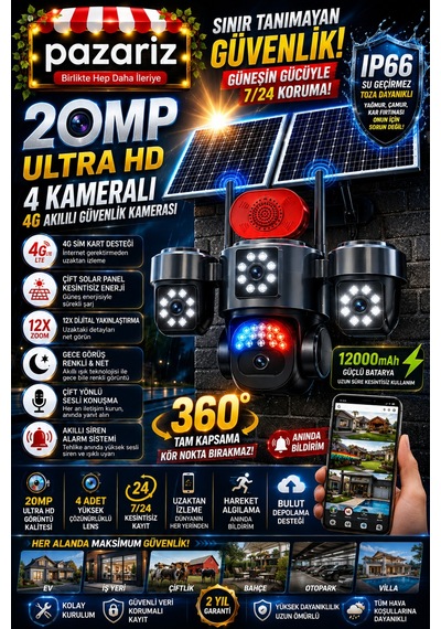 20mp 4 Kameralı 4g Solar Güvenlik Kamerası 360 Görüş, 12x Zoom, Gece Görüşü, Çift Solar Panel, Siren, Sesli Konuşma, Sım Kartlı, Aov Akıllı Kamera