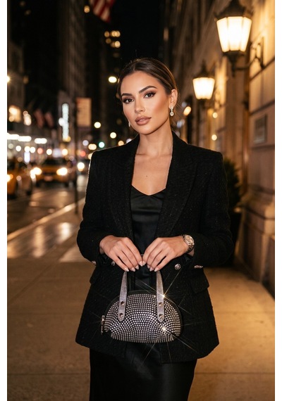 Vellabags Siyah Taşlı Çift Saplı Kadın El Çantası Abiye & Günlük Şıklık Siyah - Gümüş
