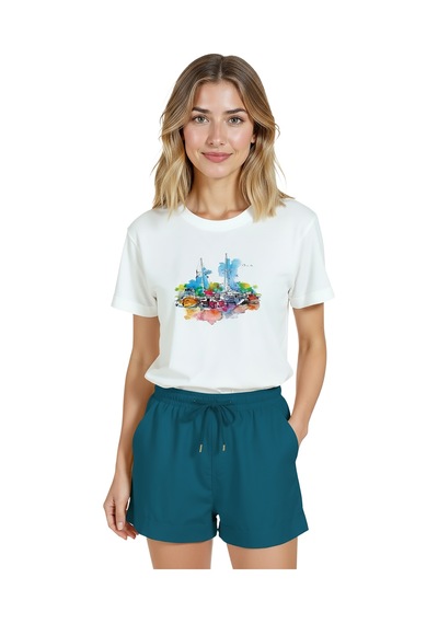 Kadın Beyaz Relaxed Fit %100 Pamuk Tişört Suluboya Marina & Yel Beyaz