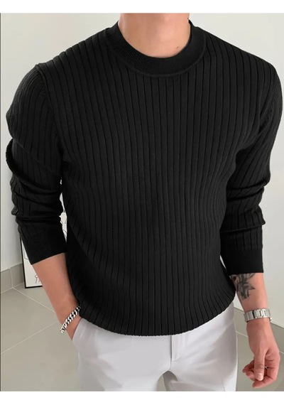 Erkek Bisiklet Yaka Slim Fit Triko Kazak Siyah