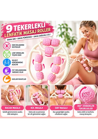 9 Tekerlekli Lenfatik Masaj Roller Selülit Giderici, Cilt Sıkılaştırıcı, Bacak Kol Sırt Masaj Aleti Diğer