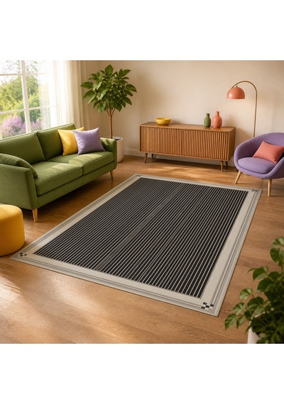 Kartela Halı İnce Çizgili Bordürlü Halı Antrasit Kaymaz Taban Makinede Yıkanabilir 160x240 Cm