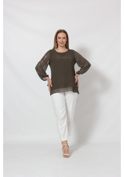Moda Berray 3243 Kolu Taş Baskılı Şık Bluz Haki 001