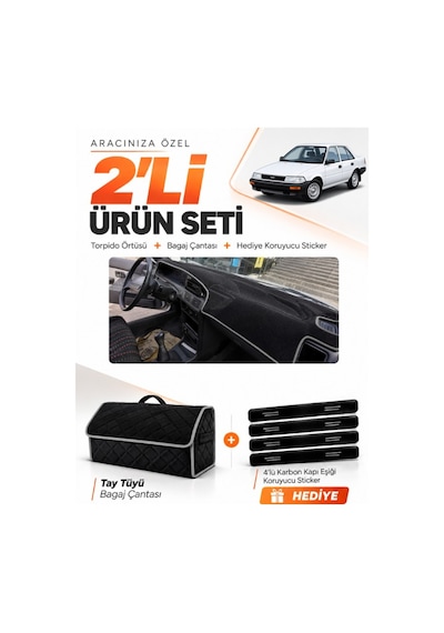 E-biz Toyota Corolla Fındık Kasa 1988-1991 Uyumlu Torpido + Tay Tüyü Çanta - Siyah-gri - To011