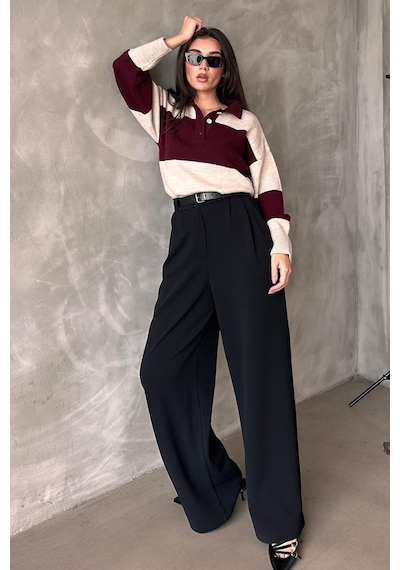Madmext Siyah Çift Pileli Kemerli Pantolon Mg2330 Siyah