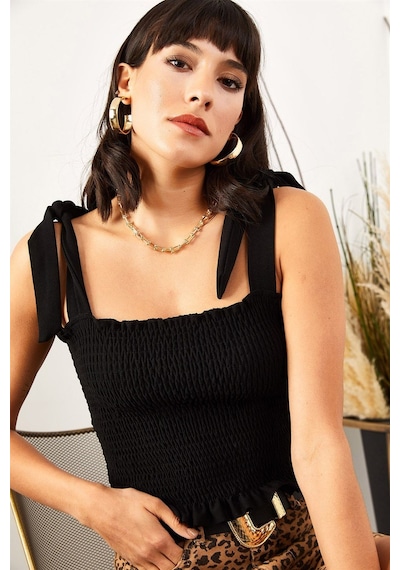 Aqe Fashion Kadın Siyah Askılı Crop Bluz Siyah