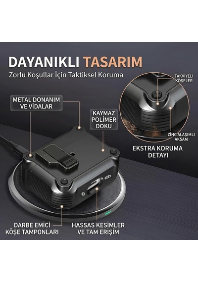 Airpods Pro 3 İle Uyumlu Manyetik Kilitli Zırhlı Kılıf - Darbeye Dayanıklı Koruyucu Kapak - Karabinalı Endüstriyel Tasarım