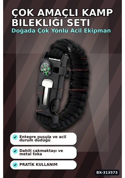 Çok Amaçlı Kamp Bilekliği - Düdük, Çakı, Çakmaktaşı, Pusula Ve Paraşüt İpi Dahil Bx-313573