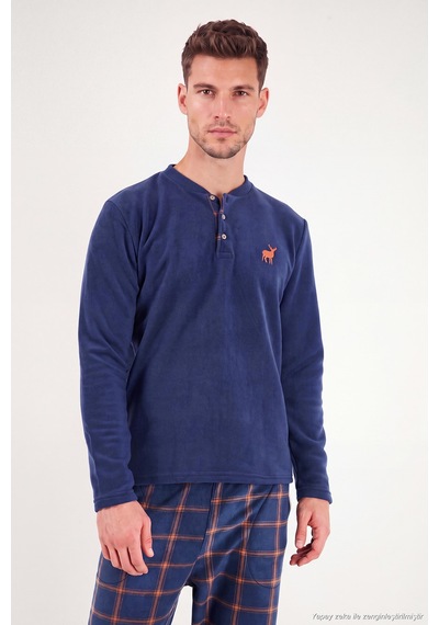 Buratti Ekoseli Düğmeli Bisiklet Yaka Yumuşak Polar Pijama Takımı Erkek Pijama Takımı 6097019 İndigo