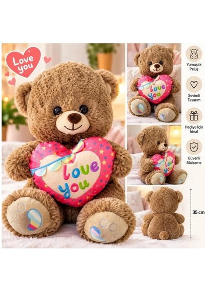 35 Cm Sevimli Kalpli Ayıcık Peluş Oyuncak Love You Tasarımlı Yumuşak Teddy Ayı Sevgiliye Hediye Acı Kahverengi