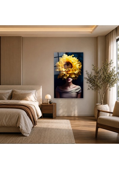 Ayçiçeği Başlıklı Kadın Çerçevesiz Cam Tablo