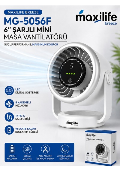 Breeze Mg-5056f 6 İnç Şarjlı Mini Masa Vantilatörü Led Göstergeli 5 Kademeli Hız Ayarlı