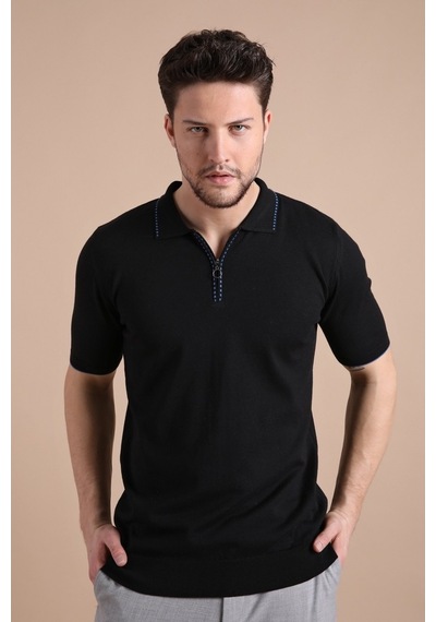 Ferraro Siyah Polo Yaka Fermuarlı Erkek Pamuk Triko T-Shirt-Siyah (417942930) Siyah