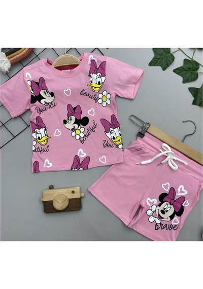 Karakter Baskili Kız Çocuk Şortlu Takım Pembe