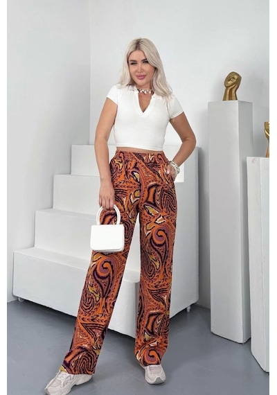 Defymoda Kadın Desenli Dokuma Viskon Kumaş Cepli Bol Paça Pantolon Çok Renkli