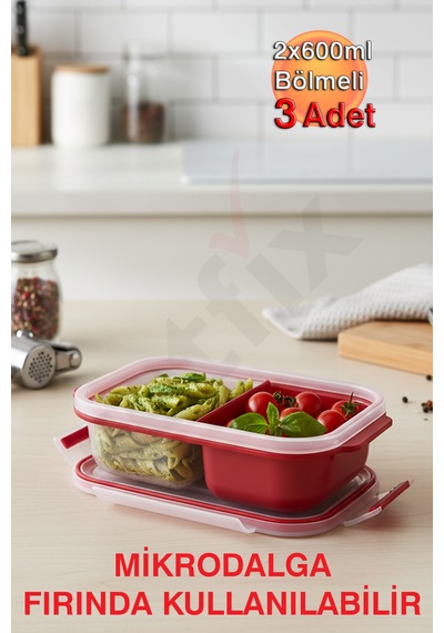 2x600ml Bölmeli, Dikdörtgen, Mikrodalga Fırına Girebilen Heat'n Go Saklama Kabı Üçlü Set Kırmızı