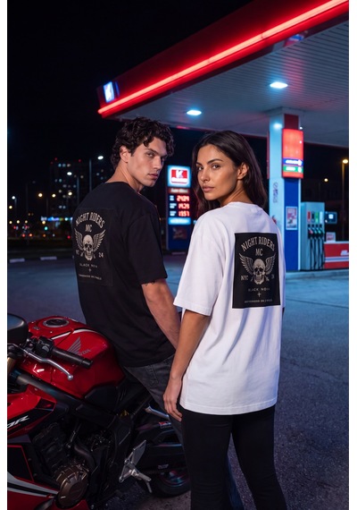 Black Nova Oversize Baskılı Unisex Tişört Night Riders Beyaz