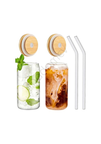 4lü Bambu Kapaklı Pipetli Cam Bardak Isıya Dayanıklı Borosilikat Kola Şekilli Kahve Sunum Bardağı