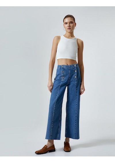 Koton Geniş Kısa Paça Kot Pantolon Düğmeli Yüksek Bel - Sandra Jeans Orta İndigo 4sal40087md 4SAL40087MDMID İndigo Koton Geniş Kısa Paça Kot Pantolon Düğmeli Yüksek Bel - Sandra Jeans Orta İndigo 4sal40087md 4SAL40087MDMID İndigo