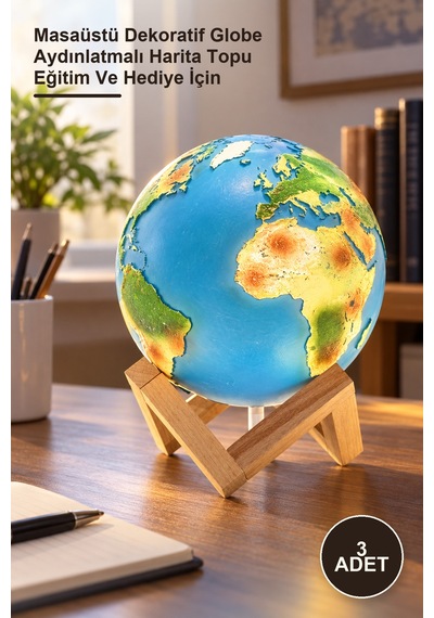3 Adet Standlı Işıklı Dünya Küresi Masaüstü Dekoratif Globe Aydınlatmalı Harita Topu Eğitim Ve Hediye İçin