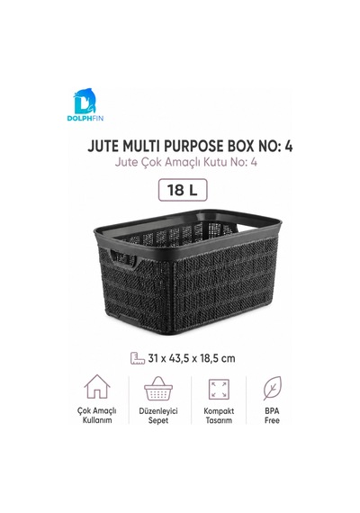 Jute Çok Amaçlı Kutu 18 L Plastik Mutfak Banyo Dolap İçi Düzenleyici Siyah