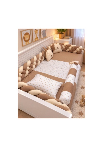 Montessori 90x190 Uyku Seti 4'lü Saç Örgü, 11 Parça, 155 215 Pierrecardin İç Yorgan İle Bej