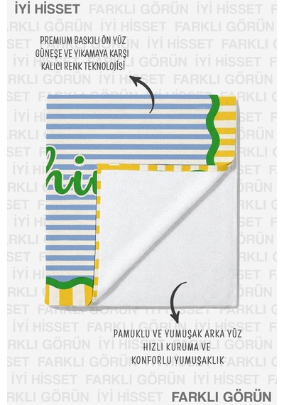 Çizgili Motto Yazılı Plaj Havlusu - Modern Marine Sarı Mavi Hızlı Kuruyan Mikrofiber Havlu Uçuk Papatya