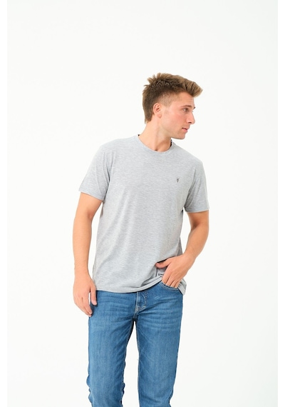 Erkek Basic Göğüs Nakış Detaylı Standart Fit Normal Kesim %100 Pamuk T-shirt Gri Melanj