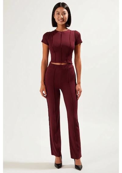 Benerly Kadın Büyük Beden Crop Üst Düz Paça Pantolon Takımı Dikiş Detaylı Bordo
