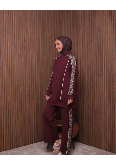 Günlük Moda Kadın Tesettür Eşofman Takımı 2 Li Leopar Detaylı Bordo
