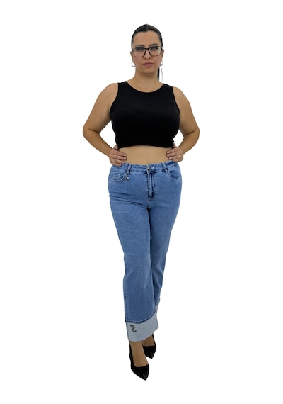 Büyük Beden Denim Yüksek Bel Toparlayıcı Paça Taş Detaylı Bol Paça Kadın Pantolon Mavi