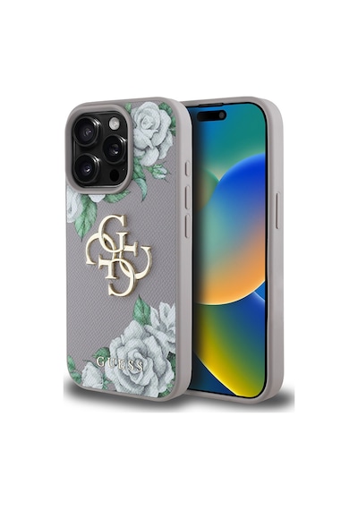 Apple Uyumlu iPhone 15 Pro Max Kılıf Guess Lisanslı Gül Baskılı Büyük Metal Logo Dizaynlı Kapak Mor