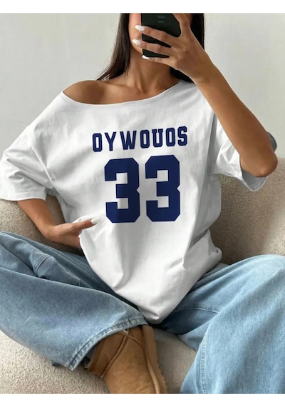 Tarzsokak Kadın Kayık Yaka Oywouos Baskılı Oversize %100 Pamuk Beyaz