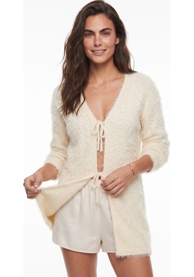 Onloox Kadın Krem Krem Sakallı Yumuşak Dokulu Uzun Kollu V Yaka Bağlama Detaylı Triko Hırka