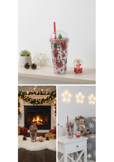 Yeni Yıl 2'li Hediye Seti Noel Geyikli Pipetli Suluk 450 Ml Ve Noel Baba Işıklı Kar Küresi 6.5 Cm Çok Renkli