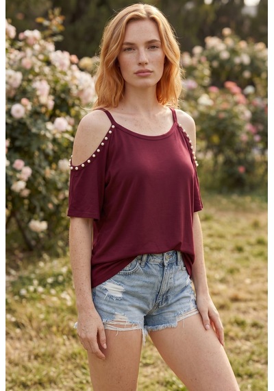 Soulshae İnci Askılı Kısa Kollu Bluz Bordo