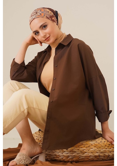 Bigdart 103901 Oversize Basic Tesettür Gömlek - Kahverengi 001