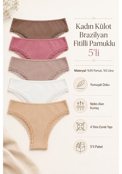 Nicoletta Kadın Külot Brazilyan 5 Li Paket Likralı Fitilli Kaşkorse 191123 Çok Renkli